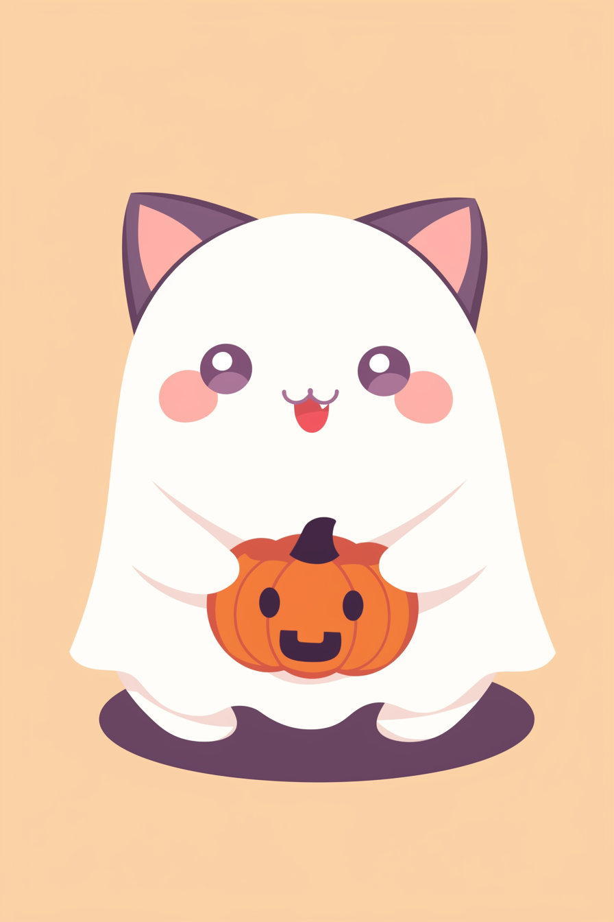 halloween cute animals drawings 2, featuring a cute kitten draped in a ghostly cloak, holding a smiling pumpkin.